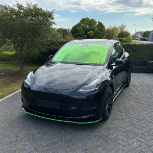 Model Y met groene Chameleon voorruitfolie